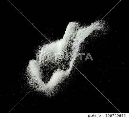 White Sand flying explosion, particle dot grain wave explode. Abstract cloud fly. White colored sand splash throwing in Air. Black background Isolated, circle 0 number 106769636