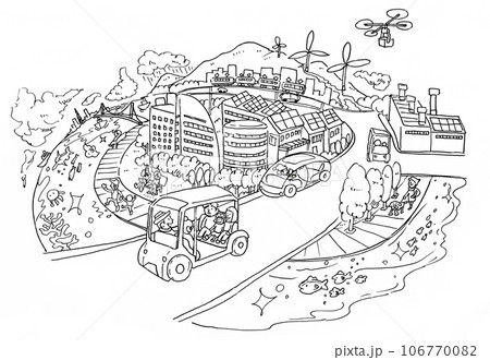 脱炭素社会に向けた環境にやさしいまちづくりの手書きイラスト(都市近郊・線画) 脱炭素社会に向けた環境にやさしいまちづくりの手書きイラスト(都市近郊・線画) 106770082