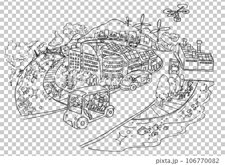 脱炭素社会に向けた環境にやさしいまちづくりの手書きイラスト(都市近郊・線画) 脱炭素社会に向けた環境にやさしいまちづくりの手書きイラスト(都市近郊・線画) 106770082