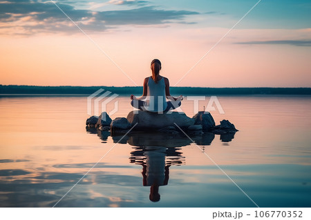 young woman doing yogawith reflection of the water ai generated art 106770352