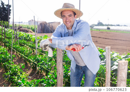 Smiling gardener on background of his vegetable garden 106770623