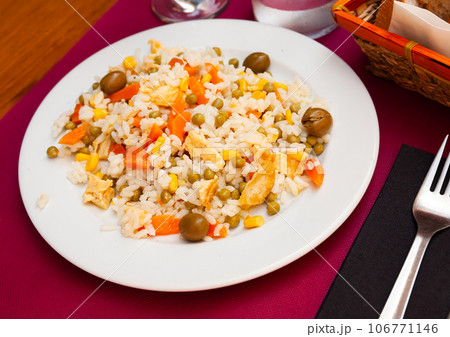 Rice salad with sliced omelette and vegetables Rice salad with sliced omelette and vegetables 106771146