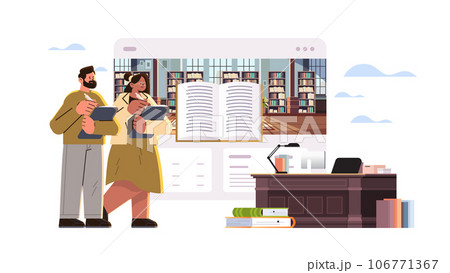 man woman teachers couple reading books in library happy labor day celebration concept horizontal man woman teachers couple reading books in library happy labor day celebration concept horizontal 106771367