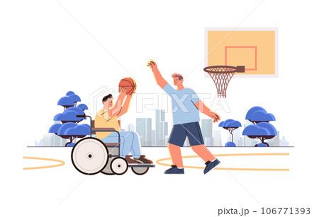 disabled man sitting in wheelchair and playing basketball with male friend people with disabilities concept horizontal 106771393
