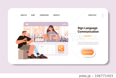 deaf man with replaced robotic leg communicate with woman using sign language disabled deaf-mute guy with prosthesis body part hearing disability 106771403