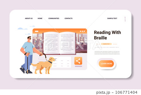 bling man walking with guide dog assistant and reading with braille alphabet people with disabilities concept 106771404