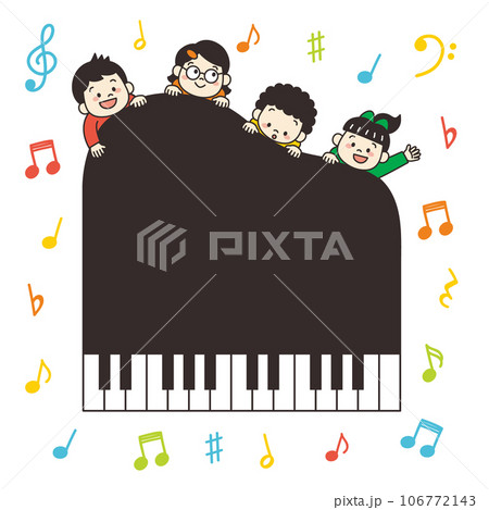 ピアノと楽しそうな子ども達のイラスト　音符あり 106772143
