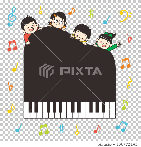 Illustration of children playing the piano with musical notes 106772143