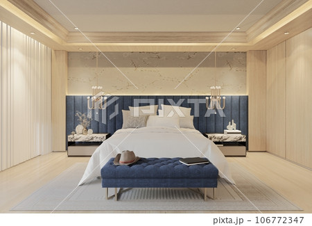 Modern Luxury Bedroom with Ocean Blue Color. 3D Illustration Render 106772347