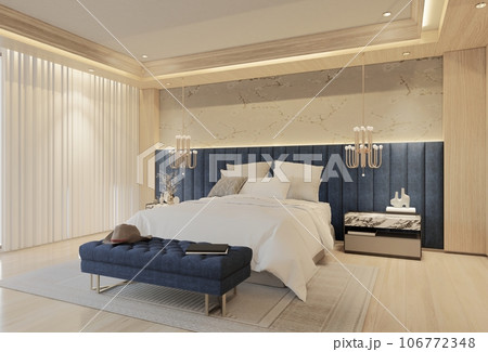 Modern Luxury Bedroom with Ocean Blue Color. 3D Illustration Render 106772348