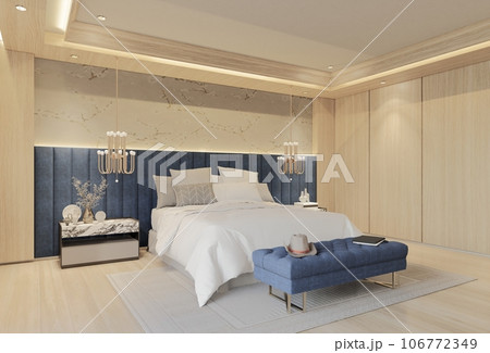 Modern Luxury Bedroom with Ocean Blue Color. 3D Illustration Render Modern Luxury Bedroom with Ocean Blue Color. 3D Illustration Render 106772349