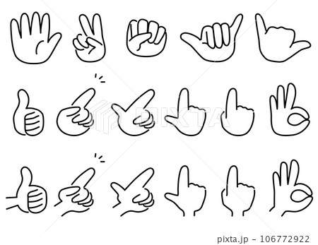 いろいろなハンドサインのモノクロのアイコンセット 指差しやOKサインなどをあらわす線画の手のポーズ いろいろなハンドサインのモノクロのアイコンセット 指差しやOKサインなどをあらわす線画の手のポーズ 106772922