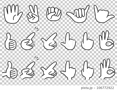 Monochrome icon set of various hand signs. Line drawing hand poses representing pointing, OK signs, etc. Monochrome icon set of various hand signs. Line drawing hand poses representing pointing, OK signs, etc. 106772922