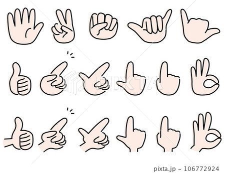 いろいろなハンドサインの黒いアウトラインのカラーアイコンセット 指差しやOKサインなどの手のポーズ いろいろなハンドサインの黒いアウトラインのカラーアイコンセット 指差しやOKサインなどの手のポーズ 106772924