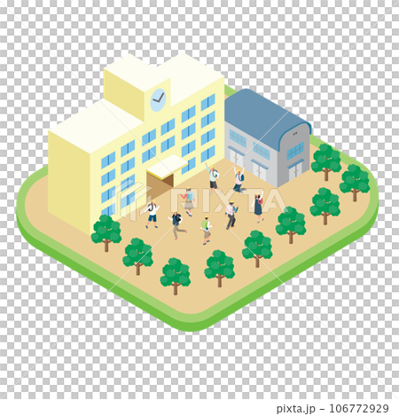 孩子們在操場上玩耍的小學的等距圖 孩子們在操場上玩耍的小學的等距圖 106772929