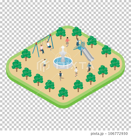 孩子們在有噴泉的公園裡玩耍的等距圖 106772930