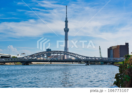 隅田川テラスから観る東京スカイツリーと綺麗になった白鬚橋の風景 106773107