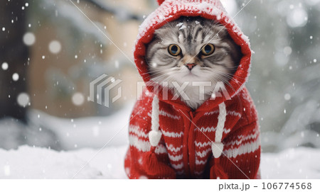 冬の雪の中の赤い服を着た猫　AI画像 106774568