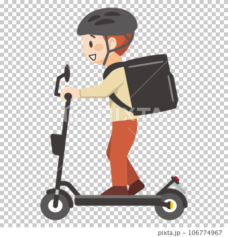 Illustration of a delivery man riding an electric kickboard Illustration of a delivery man riding an electric kickboard 106774967