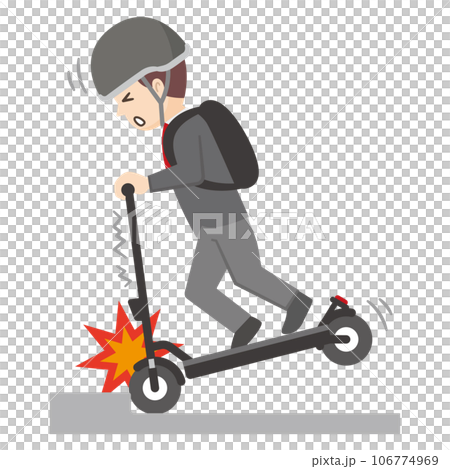 Illustration of a man getting stuck on a step while driving an electric scooter 106774969