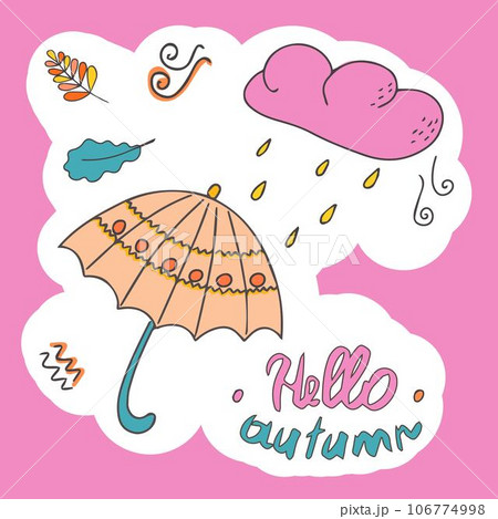 Hello, Autumn. Sticker with autumn cozy elements and inscriptions. Sticker or design with space for text. Hand drawn in doodle style. Isolated illustration. Vector. Hello, Autumn. Sticker with autumn cozy elements and inscriptions. Sticker or design with space for text. Hand drawn in doodle style. Isolated illustration. Vector. 106774998