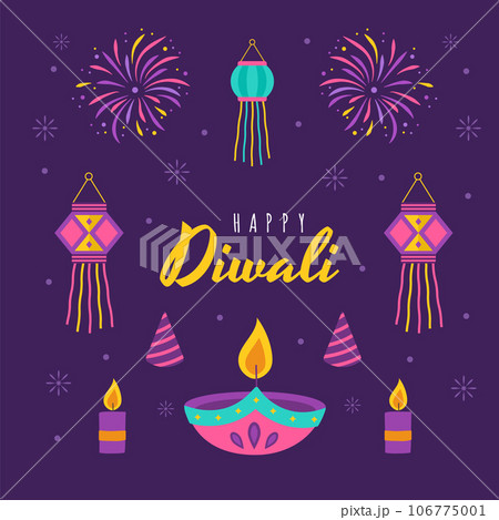 Diwali elements. Indian festival of lights icon set. Colorful deepavali signs on purple background. Vector illustration in flat cartoon style 106775001