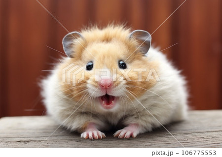 Shaggy hamster with stuffed cheeks smiling looking at the camera 106775553