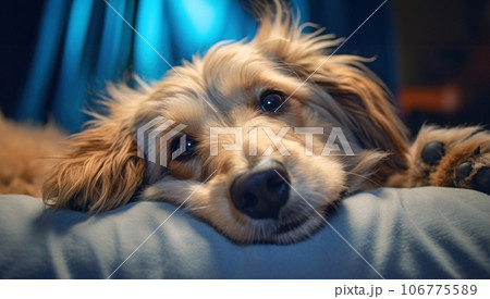 Sad dog on a bed with sad face, close-up, meme concept 106775589