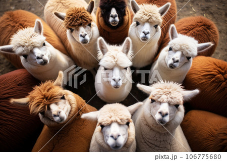 Several alpacas looking up staying in a circle Several alpacas looking up staying in a circle 106775680
