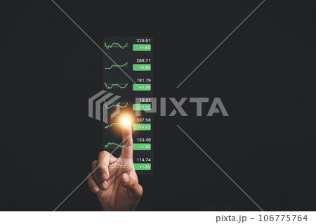 Focused finger pointing on stock market graph, analyzing and strategizing for successful trading. Technical indicators, candlestick chart, and financial planning concept for traders and investors. Focused finger pointing on stock market graph, analyzing and strategizing for successful trading. Technical indicators, candlestick chart, and financial planning concept for traders and investors. 106775764
