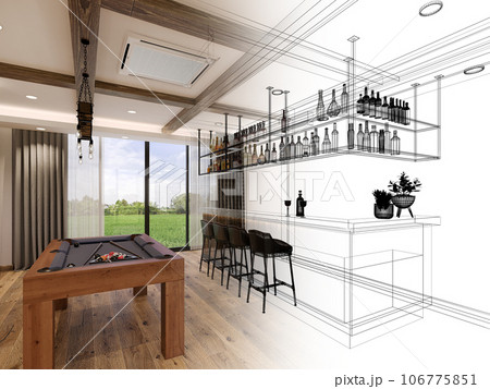 pool table with counter bar in relax room, 3d rendering wire frame 106775851