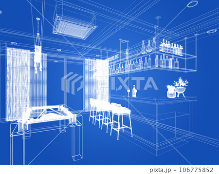 pool table with counter bar in relax room, 3d rendering wire frame 106775852