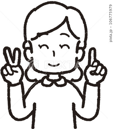 左手は1本指、右手は2本指の21のハンドサインをして笑う女性の上半身線画イラスト 106775979