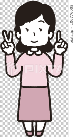 左手は1本指、右手は2本指の21のハンドサインをして笑う女性の全身イラスト 106776008