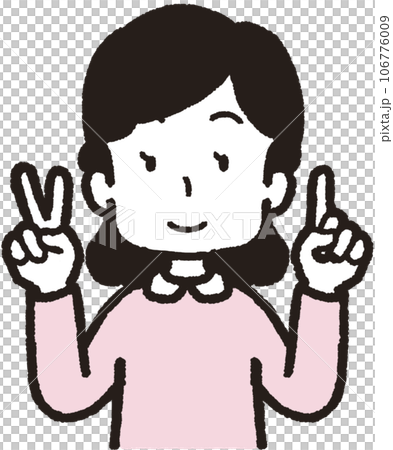 一位微笑的女士用左手一根手指、右手兩根手指做出 21 個手勢的上半身插圖 106776009