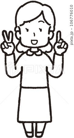 左手は1本指、右手は2本指の21のハンドサインをして笑う女性の全身線画イラスト 106776010