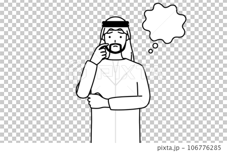 Muslim man thinking while scratching his face Muslim man thinking while scratching his face 106776285