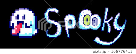 Halloween Pixel Art Spooky Print with Ghosts for Retro Gaming Event, Halloween Party Pattern or 90s Video Game Design. Cute Funny Spirit with Spooky Text. Halloween Pixel Art Spooky Print with Ghosts for Retro Gaming Event, Halloween Party Pattern or 90s Video Game Design. Cute Funny Spirit with Spooky Text. 106776413