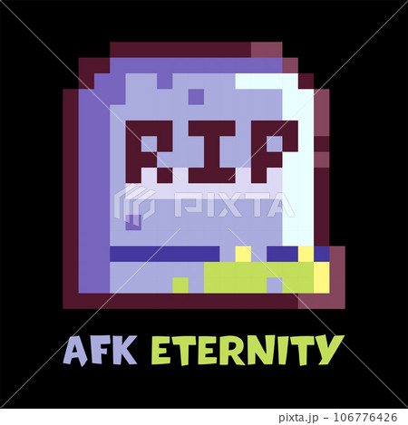Halloween Tombstone Pixel Art Print with AFK Eternity Quote for Retro Gaming Event, Halloween Party Pattern or 90s Video Game Design. Headstone Joke for Gamers and Streamers. AFK Screen. Halloween Tombstone Pixel Art Print with AFK Eternity Quote for Retro Gaming Event, Halloween Party Pattern or 90s Video Game Design. Headstone Joke for Gamers and Streamers. AFK Screen. 106776426
