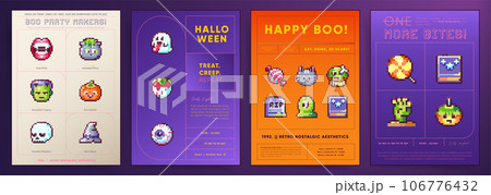 Halloween Pixel art Backgrounds. 8bit Video Game Cute Candies, Spooky Monster, Ghost and Pumpkin Patterns and Ready to use Happy Halloween Holiday Poster Templates. 106776432