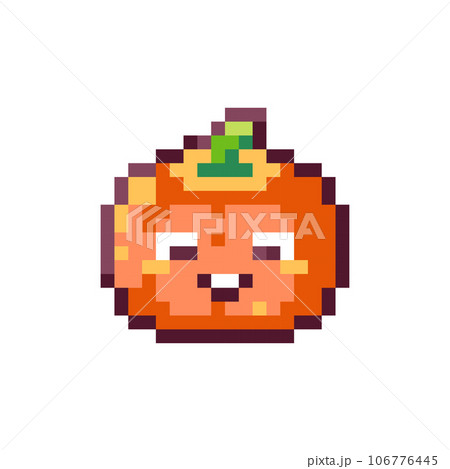 Pixel Art Cute Pumpkin. Retro 8bit Style Halloween Decor Jack-o-Lantern Illustration. Ideal for Sticker, Retro Decorative Video Game Element, Game Asset, Emoji, Avatar or Cute Geek Patch.	 106776445