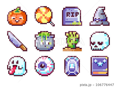 Pixel Art Retro Halloween Set. 8bit retro style vintage Jack o Lantern Pumpkin, Candy, Tombstone, Witch Hat, Skeleton Skull, Zombie Hand in Grave, Spirit Ghost. Pack of emoji, stickers or badges. 106776447