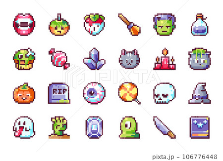 Pixel Art Halloween Icon Set. 8 bit Style Pixelated Halloween Stickers - Pumpkin, Vampire, Zombie, Skull, Treat Candy, Grave, Tomb, Magic Crystal, Candle, Cat, Potion, Spooky Bloody Elements. 106776448