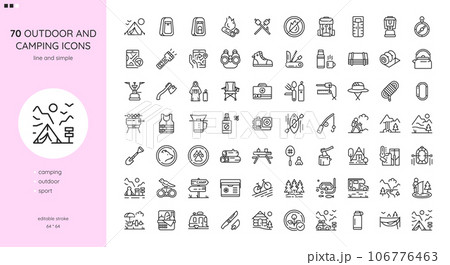 Camping and Outdoor Activities Icons Set. Camping tent, Smores, Raincoat, Thermos, Kettle, Quilt, Portable Chair, Fishing, Nature Walking,  Cooking, Outdoor Sport Games. Outline Signs Collection. 106776463