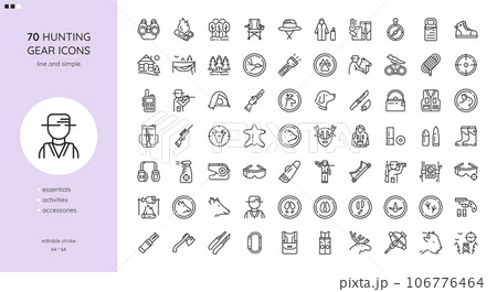 Hunting Gear Icons Set. Accessories and Equipment for Animal Hunt. Firearms, Hunting Knife, Ammunition, Optics, Clothing, Backpack, Scent Control, Tent, Compass. Editable Outline Signs Collection.	 106776464