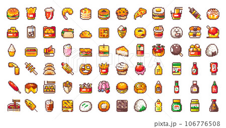 Pixel Art Fast and Street Food Collection. Mega Set of Asian, Korean, Japanese and American Ready and Delicious Meals. 8 bit Retro Style Fast Food Pixels. Burgers, Pastry, Sauces, Cakes, Sandwiches. 106776508