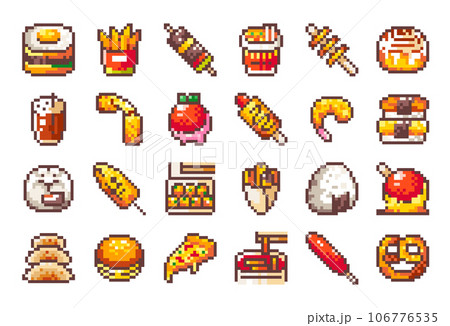 Pixel art 8bit Collection of Asian Street Food. Egg Burger, Sweet Potato, Skewer, Instant noodles, Fried Potato, Pastry Sweet Bun, Coffee, Cheese Stick, Seafood, Steam Dim Sum Bam Bao, Churros, Pizza. Pixel art 8bit Collection of Asian Street Food. Egg Burger, Sweet Potato, Skewer, Instant noodles, Fried Potato, Pastry Sweet Bun, Coffee, Cheese Stick, Seafood, Steam Dim Sum Bam Bao, Churros, Pizza. 106776535