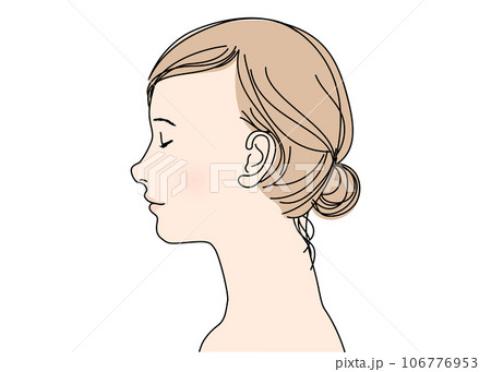 目を閉じたシニヨン アップヘアの日本人女性の横顔のイラスト 左向き 上半身バストアップ 顔アップ 目を閉じたシニヨン アップヘアの日本人女性の横顔のイラスト 左向き 上半身バストアップ 顔アップ 106776953