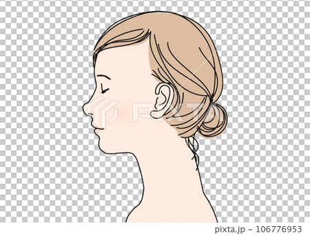 目を閉じたシニヨン アップヘアの日本人女性の横顔のイラスト 左向き 上半身バストアップ 顔アップ 目を閉じたシニヨン アップヘアの日本人女性の横顔のイラスト 左向き 上半身バストアップ 顔アップ 106776953