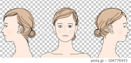 A set of illustrations of a woman with her eyes closed, from the side and from the front, with a close-up of her face, chignon, updo, and upper body bust up A set of illustrations of a woman with her eyes closed, from the side and from the front, with a close-up of her face, chignon, updo, and upper body bust up 106776955